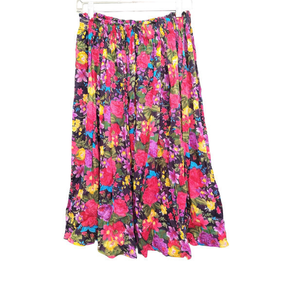 Vintage Red Pink Yellow Floral Sheer Elastic Waist Maxi Circle Skirt - Picture 3 of 7